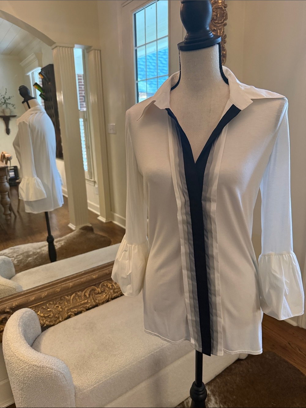 Women's White Button-Front Blouse with Black Trim-